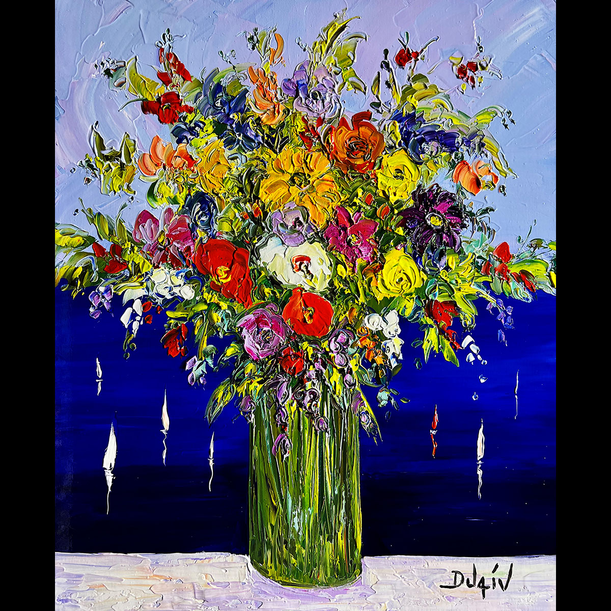 Fleurs et Bleu Fonce 24'' x 20''