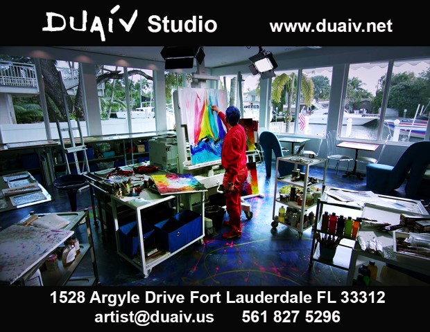 DUAIV in his studio, painting. Duaiiv Studio, 1528 Argyle Drive, Fort Lauderdale, FL 33312 - 561-827-5296
